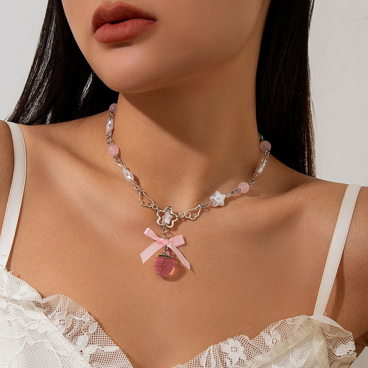 Sweet Wind Acrylic Strawberry Pendant Necklace, Small Fresh Pearl Imitation Ribbon Chain